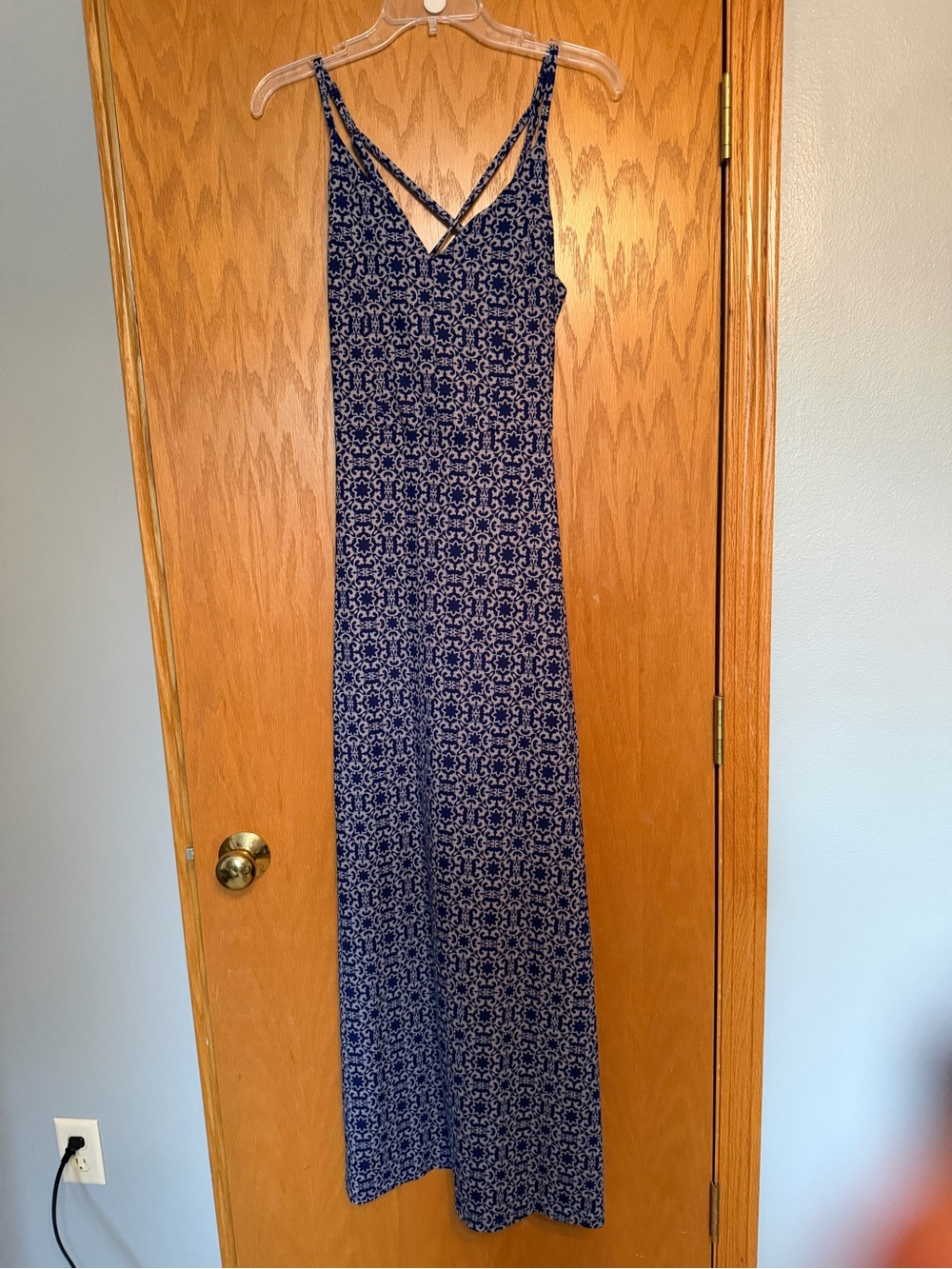 Market & Spruce Navy Blue Patterned Maxi Dress with Crisscross Straps